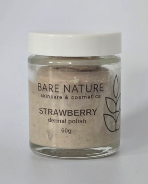 Bare Nature Strawberry Dermal Polish in a 60g glass jar with white plastic lid, sitting on a white background.